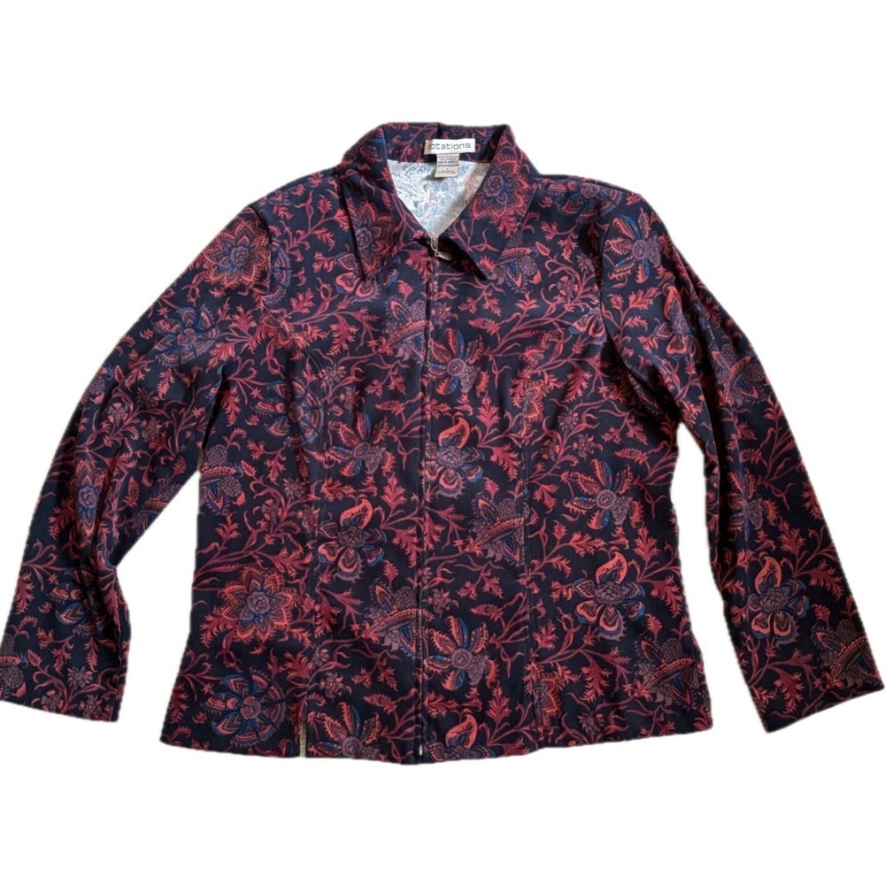 Vintage Black Orange Floral Faux Suede Zip Up Blazer Jacket Size Large Fall